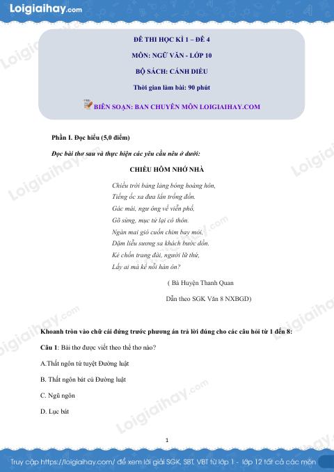 Đề thi học kì 1 Văn 10 Cánh diều - Đề số 4